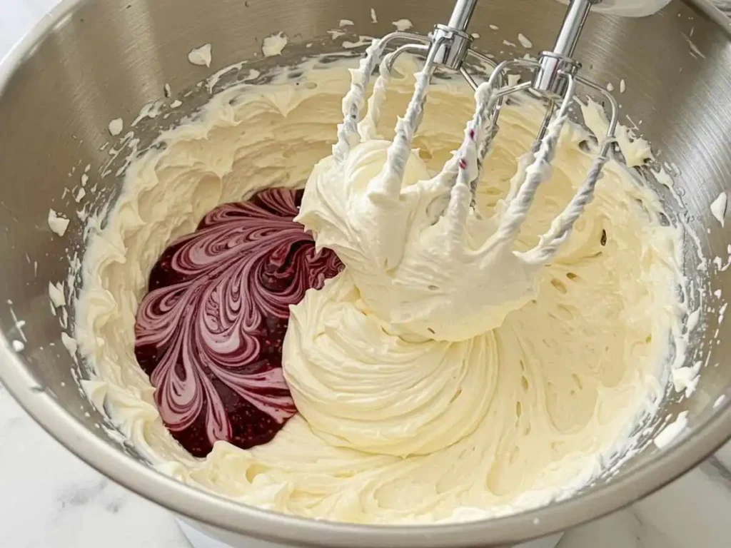 Batiendo queso crema con leche condensada para crear relleno suave de pay de zarzamora