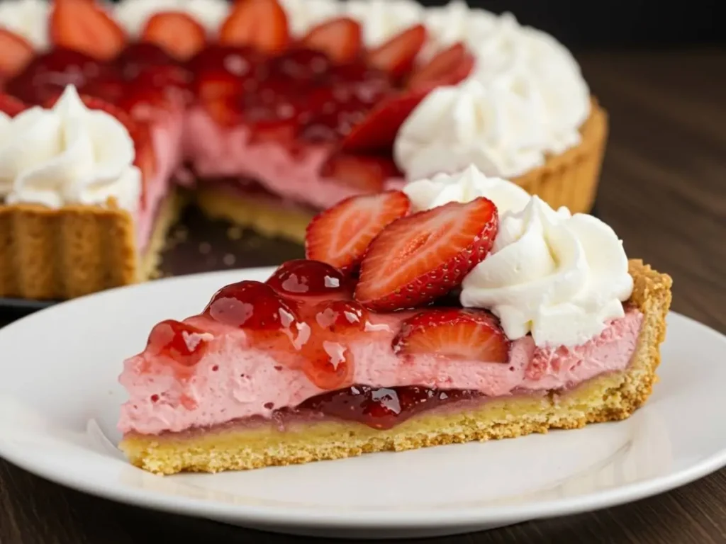 Pay de fresa casero decorado con crema batida y fresas frescas