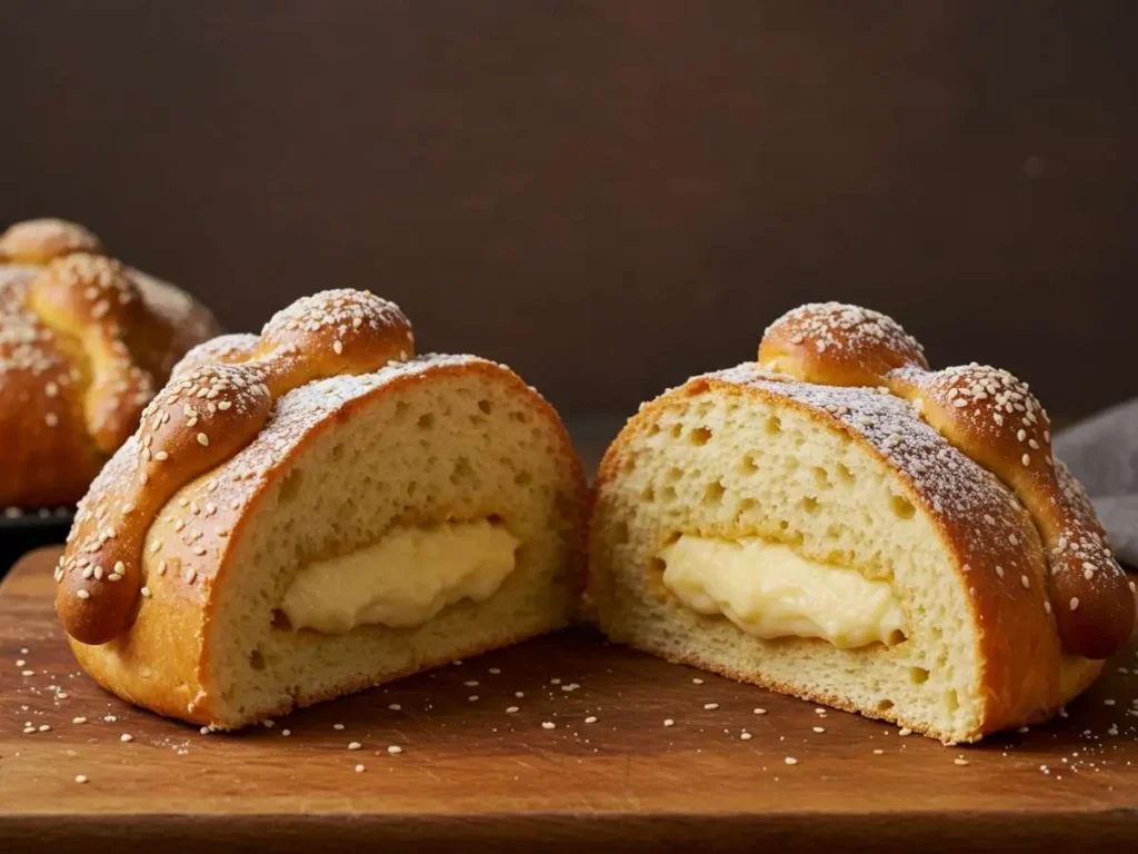 Pan de muerto relleno terminado cortado por la mitad mostrando el relleno cremoso