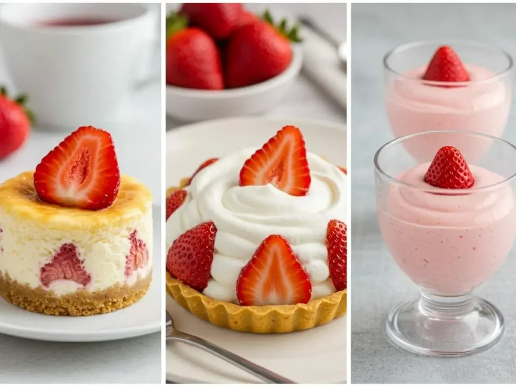 Variedad de postres de fresa: pay de queso, pay con crema y mousse