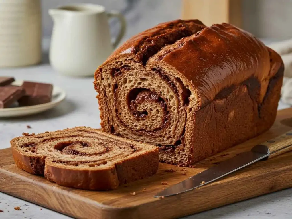 Primer plano de un pan de chocolate casero rebanado, mostrando su miga esponjosa y trozos de chocolate derretido.