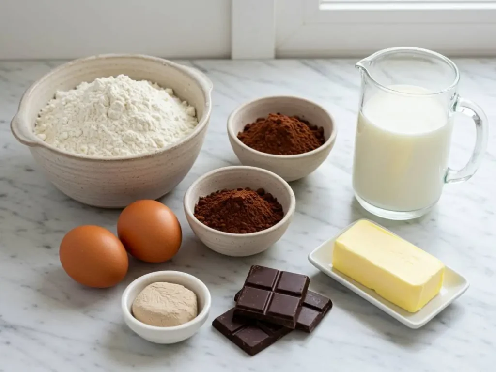Ingredientes para hacer pan de chocolate dispuestos de forma ordenada sobre una superficie de mármol.