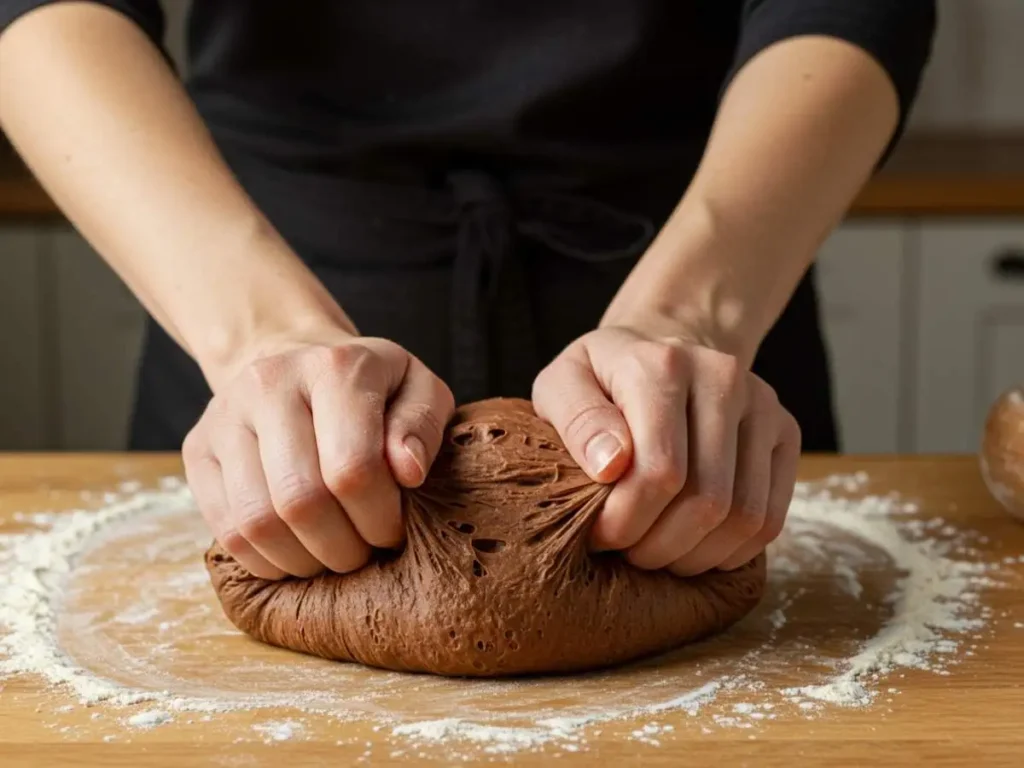 Manos de mujer amasando una masa de chocolate suave y elástica sobre una superficie de madera enharinada.