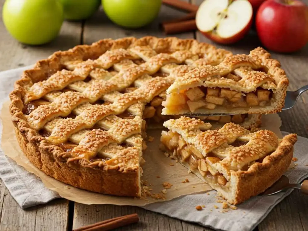 Pay de manzana casero con masa de celosía dorada y relleno jugoso, listo para servir.