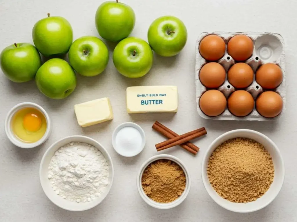 Ingredientes para la receta de pay de manzana dispuestos sobre una superficie de madera clara.