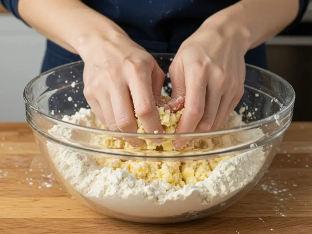 Manos mezclando mantequilla fría con harina para obtener la textura de migas para la masa quebrada del pay de manzana.