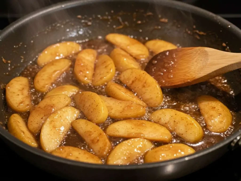 Relleno de manzana y canela cocinándose en una sartén, con una textura caramelizada y jugosa.