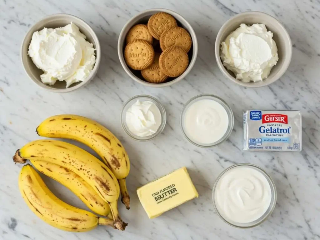 Ingredientes para pay de plátano: plátanos maduros, galletas maría, queso crema y leche condensada