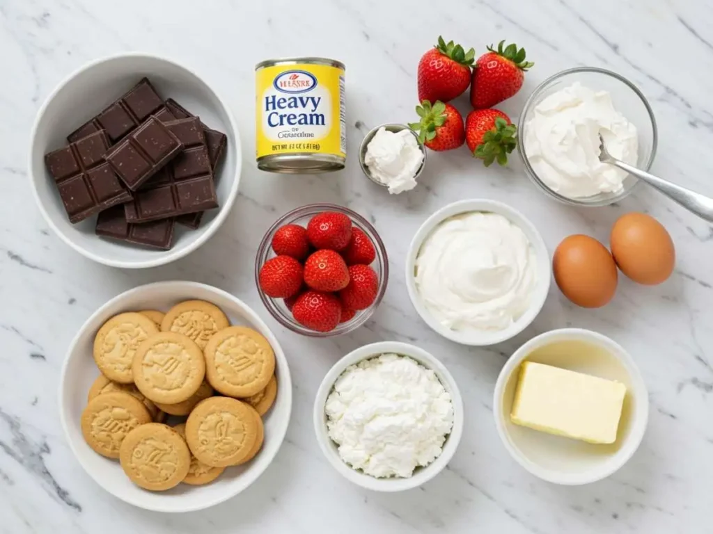 Ingredientes para pay de chocolate organizados en mesa - chocolate, leche condensada, crema y galletas