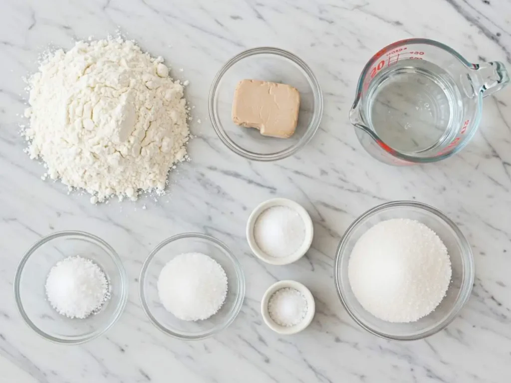 Ingredientes para hacer pan blanco casero dispuestos sobre una encimera de mármol: harina, levadura, azúcar, sal y agua.