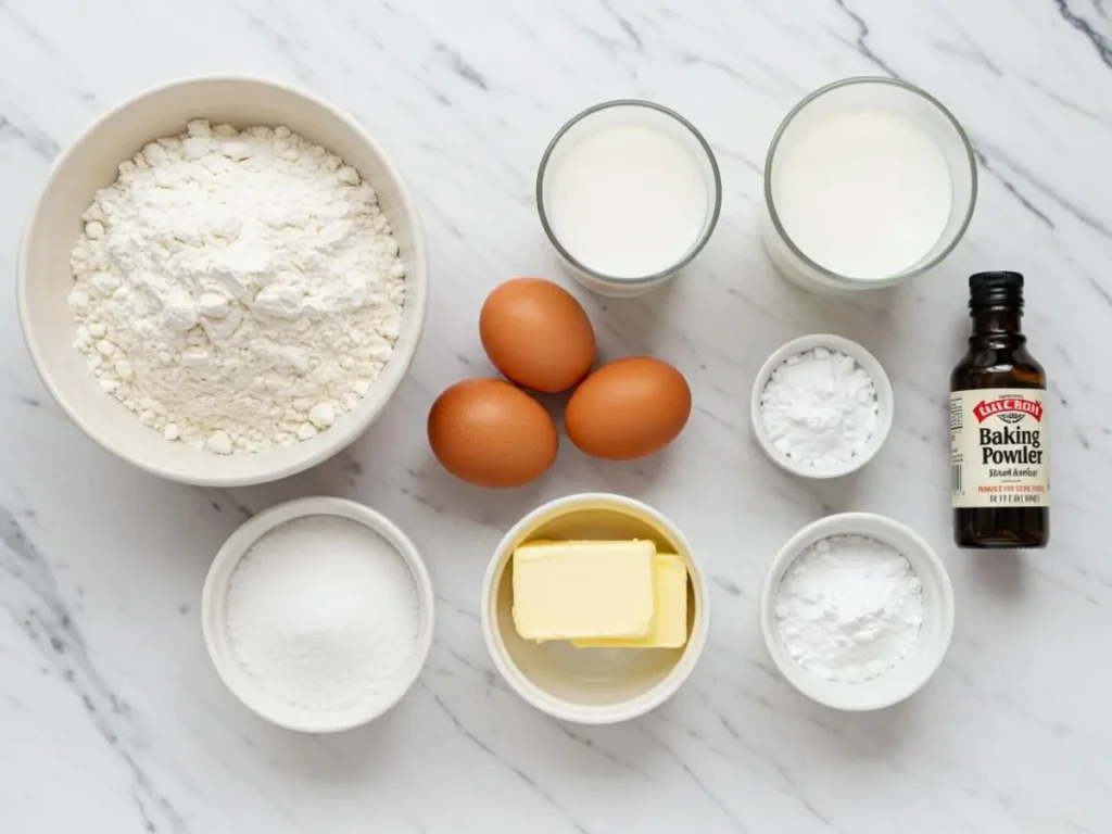 Ingredientes básicos para cubiletes de pan: harina, huevos, leche, mantequilla y azúcar