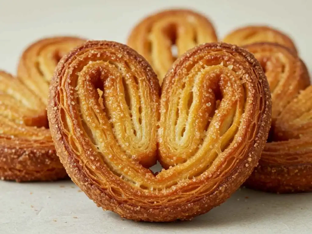 Varias orejas de pan de hojaldre dulce mostrando sus capas características.