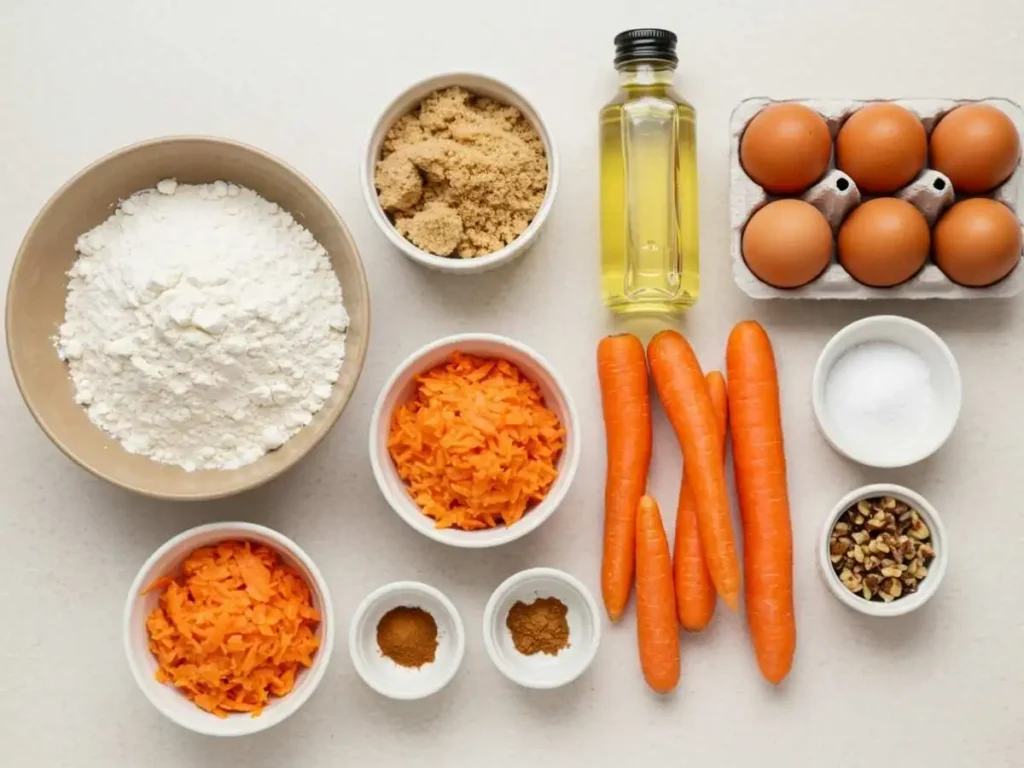 Ingredientes para la receta de pan de zanahoria dispuestos en una mesa, incluyendo harina, zanahorias ralladas, huevos y especias.