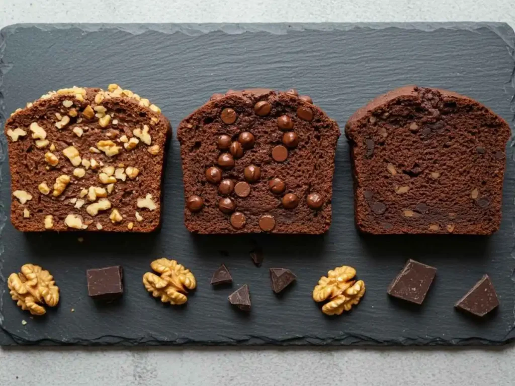 Tres rebanadas de pan de chocolate con diferentes toppings: una con nueces, otra con chips de chocolate y otra simple.