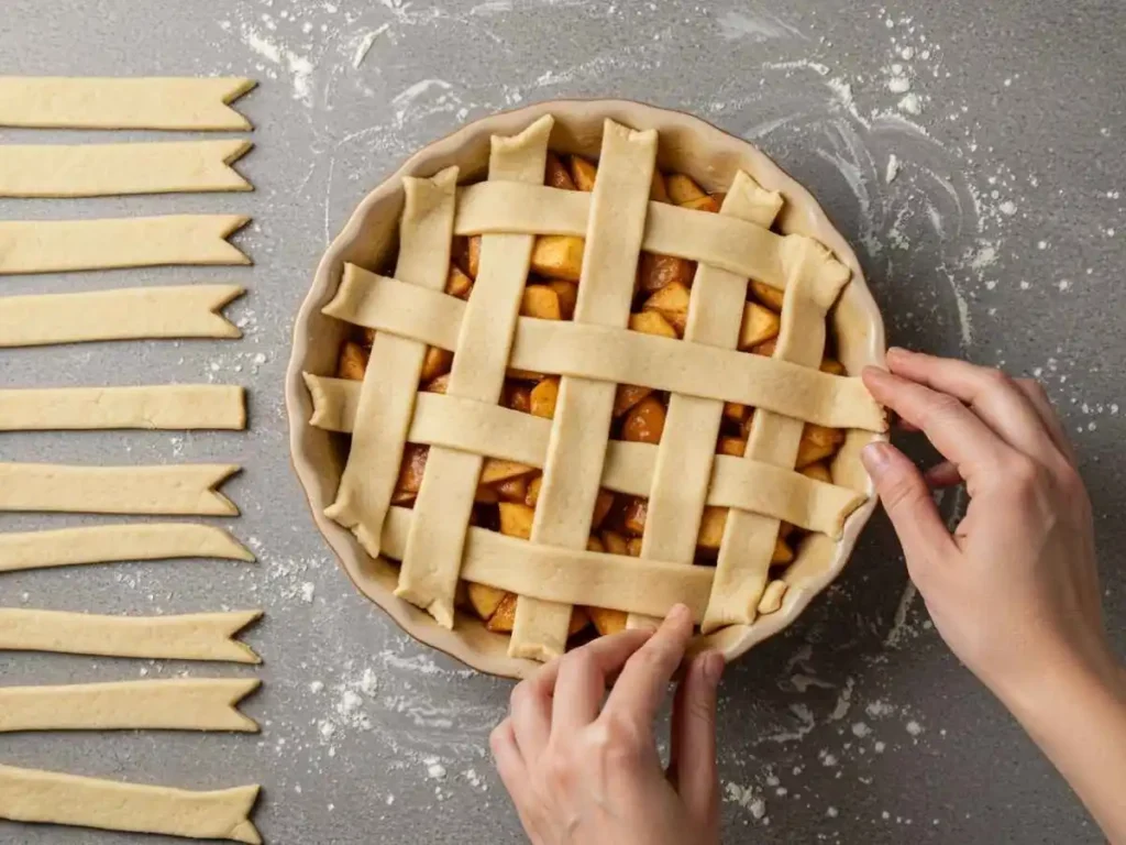 Manos entrelazando tiras de masa para crear la cubierta de celosía sobre el relleno del pay de manzana.