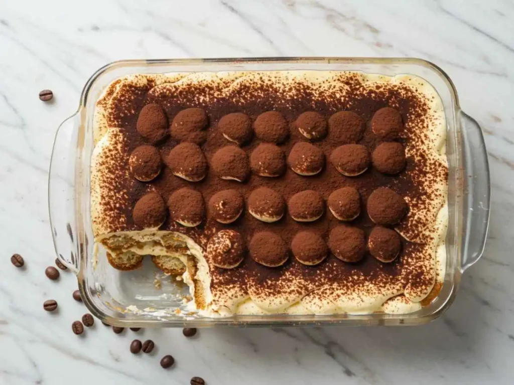 Pastel de tiramisú casero sin horno con capas perfectas y cacao espolvoreado