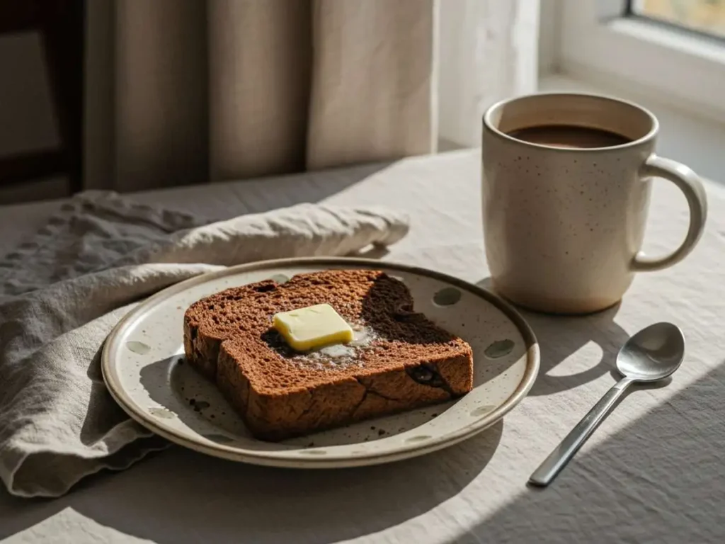 Rebanada de pan de chocolate tostada con mantequilla y una taza de café al lado, en una mesa de desayuno.