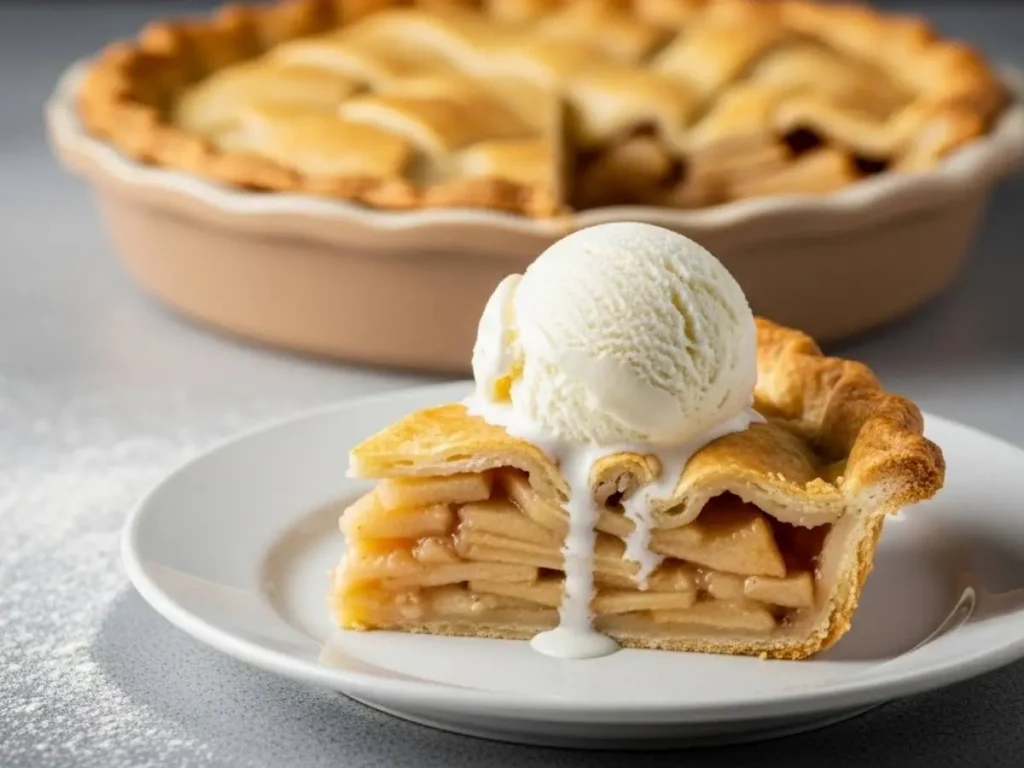 Rebanada perfecta de pay de manzana servida en un plato con una bola de helado de vainilla derritiéndose.