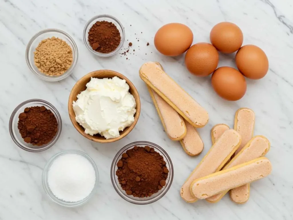 Ingredientes para tiramisú casero: mascarpone, huevos, bizcochos savoiardi y café
