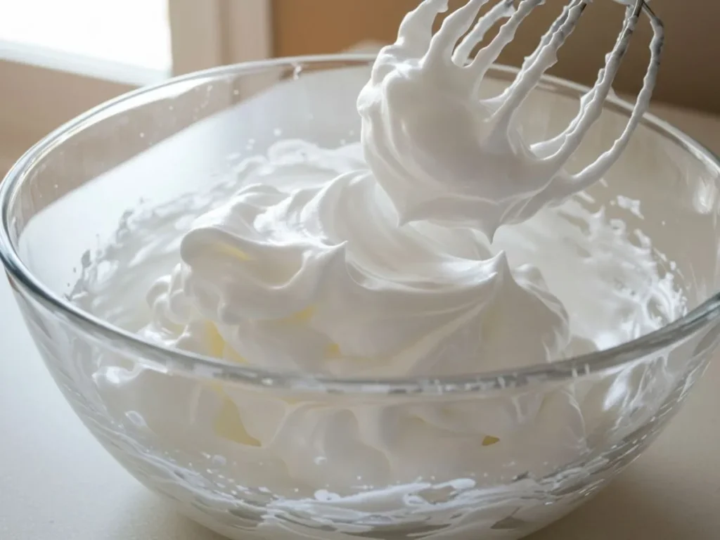 Claras de huevo batidas a punto de nieve para crema de tiramisú casero