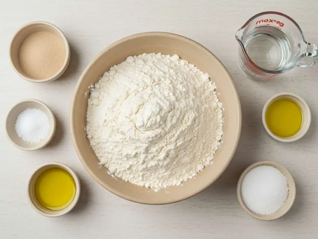 Ingredientes para hacer pan piedra casero: harina de trigo, levadura, sal, agua y aceite de oliva en cuencos de cerámica.