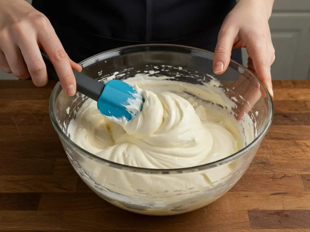 Técnica de plegado suave para incorporar claras en crema de mascarpone