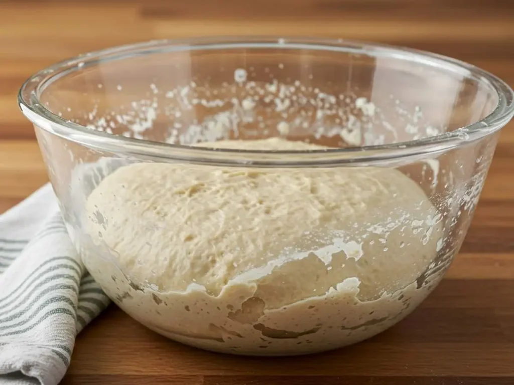 Masa de pan piedra fermentada en un bol de cristal, habiendo duplicado su tamaño.