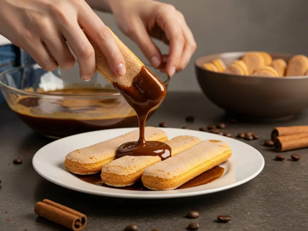 Bizcochos savoiardi siendo remojados en café espresso para tiramisú