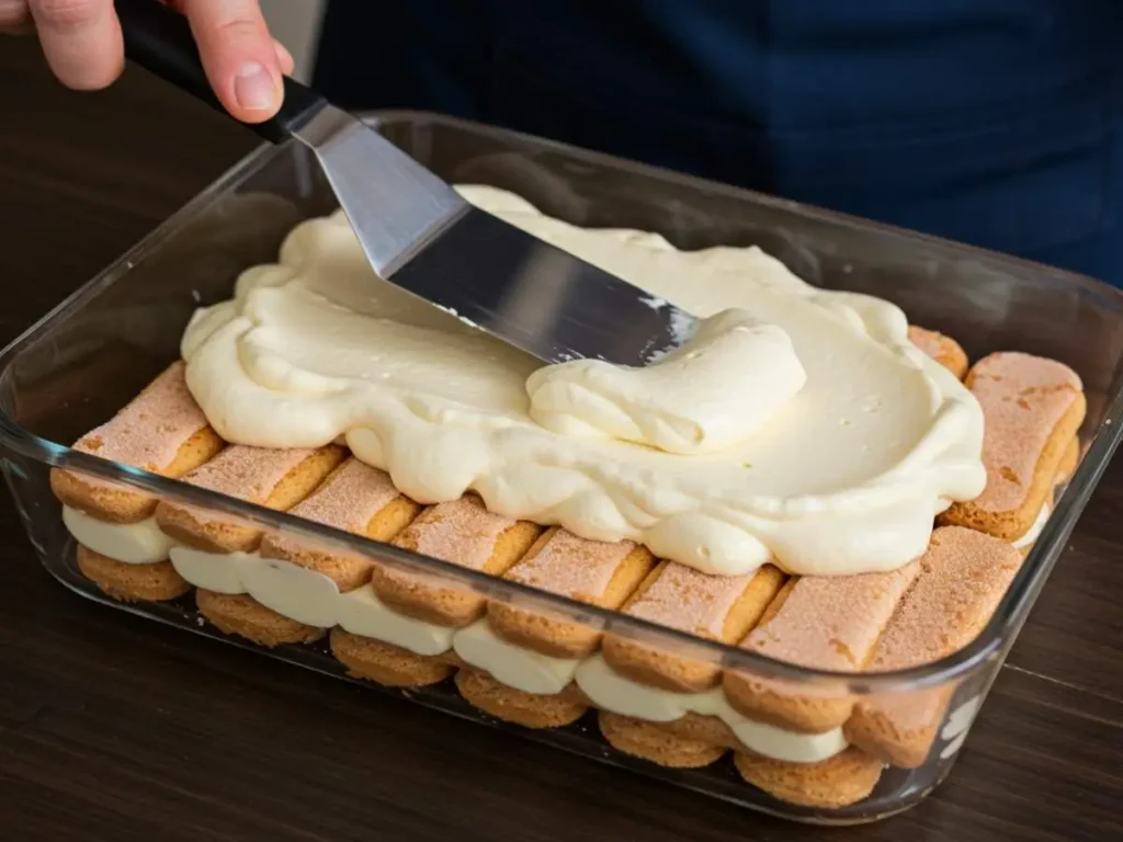 Armado de capas de tiramisú con bizcochos y crema de mascarpone