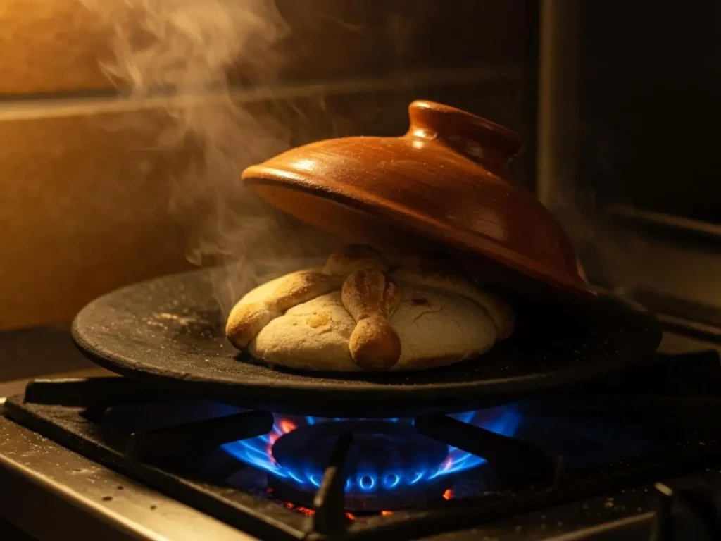 Pan piedra cocinándose sobre un comal de barro tradicional, cubierto con una olla invertida.