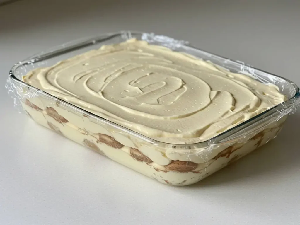 Tiramisú casero terminado listo para refrigeración antes de servir