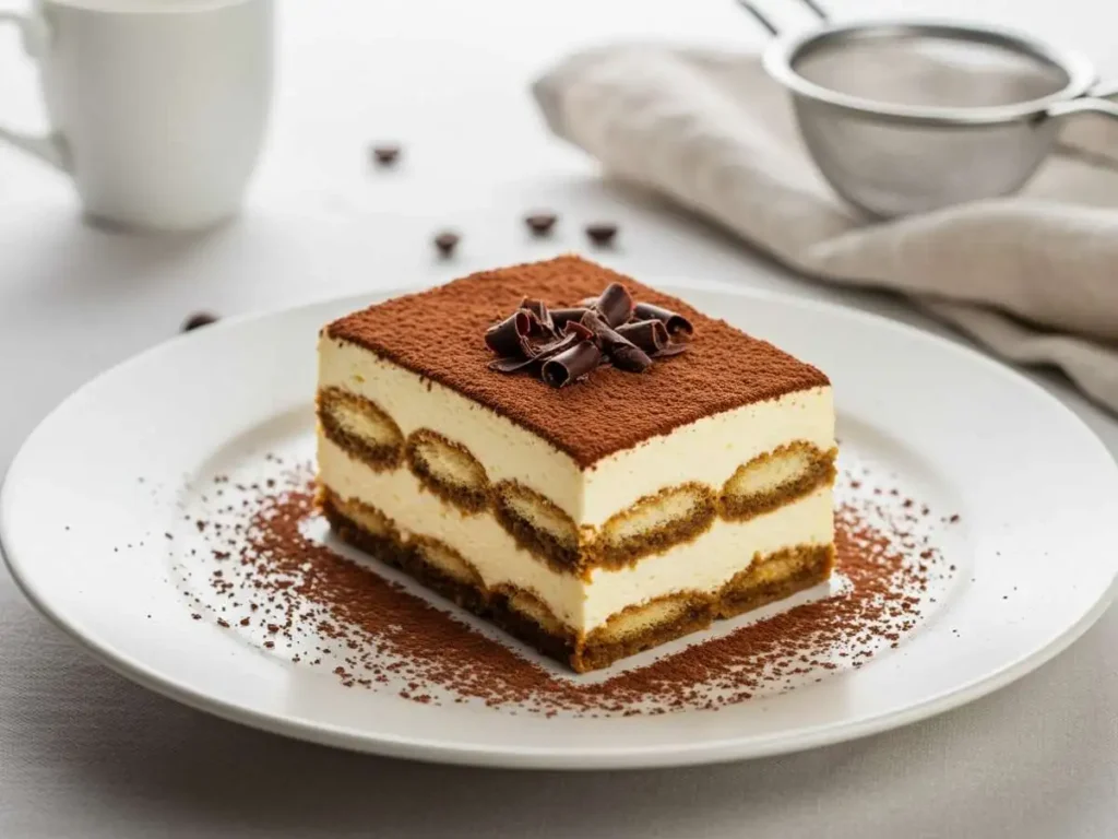 Porción de tiramisú casero servida con decoración de cacao y presentación elegante