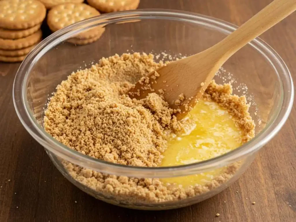Galletas maría trituradas mezcladas con mantequilla derretida para base de pay
