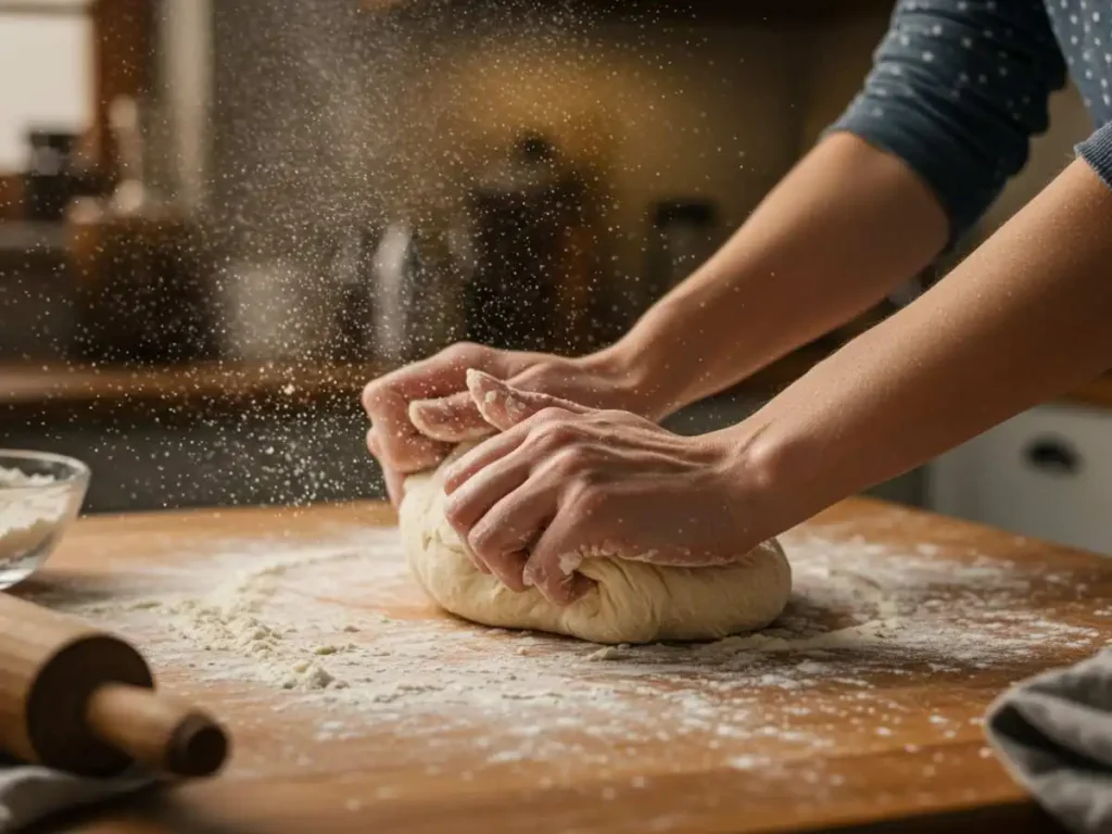 Manos de una mujer (Mariana) amasando con energía una masa suave y elástica de pan blanco sobre una superficie de madera enharinada.