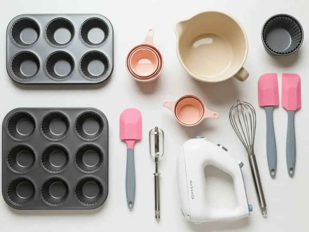 Moldes para cubiletes, batidora eléctrica y utensilios de repostería esenciales
