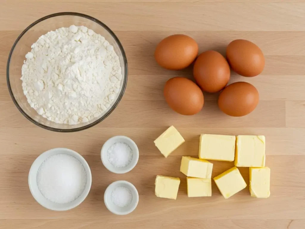 Ingredientes para orejas de pan: harina, huevos, mantequilla, azúcar, sal en tazones pequeños.