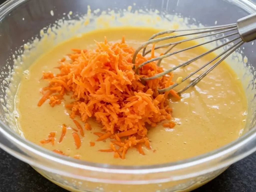 Mezcla de ingredientes húmedos para pan de zanahoria en un bol de cristal, con zanahoria rallada incorporándose.