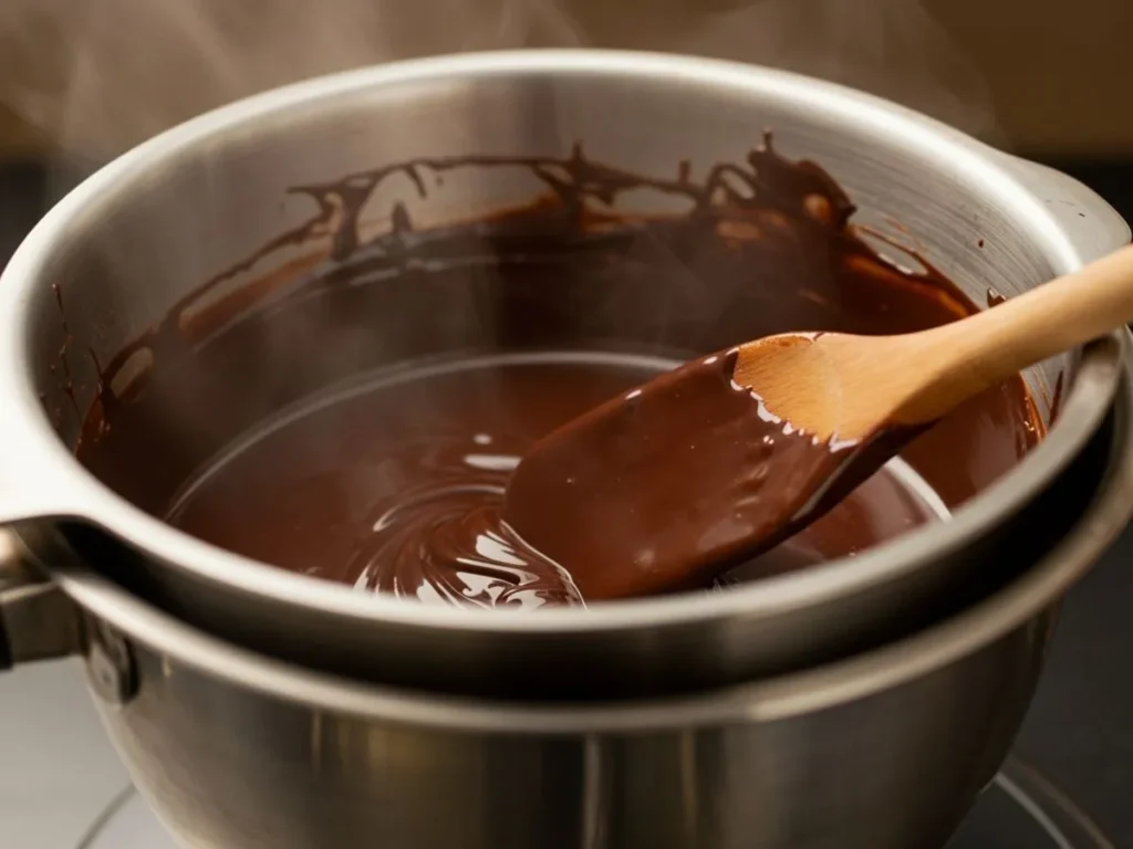 Chocolate semi-amargo derritiéndose a baño maría en cocina casera