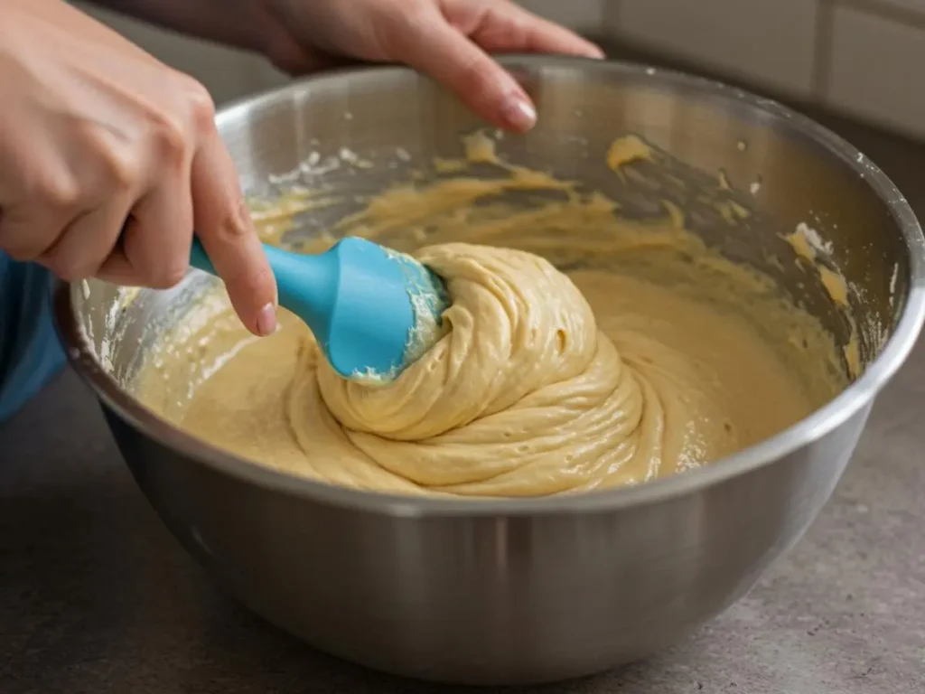 Manos mezclando masa de cubiletes de pan con espátula en bowl grande