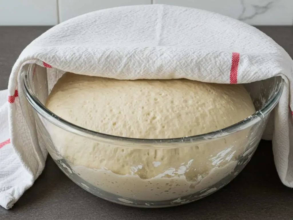 Masa de pan blanco fermentada que ha duplicado su volumen dentro de un bol de cristal transparente, cubierta con un paño de cocina.