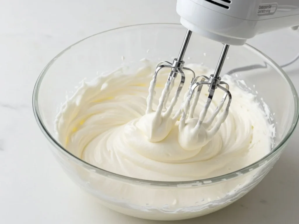 Crema para batir formando picos suaves con batidora eléctrica en bowl
