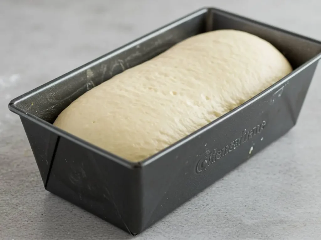 Masa de pan blanco con forma, lista en su molde rectangular, habiendo crecido hasta el borde antes de hornear.