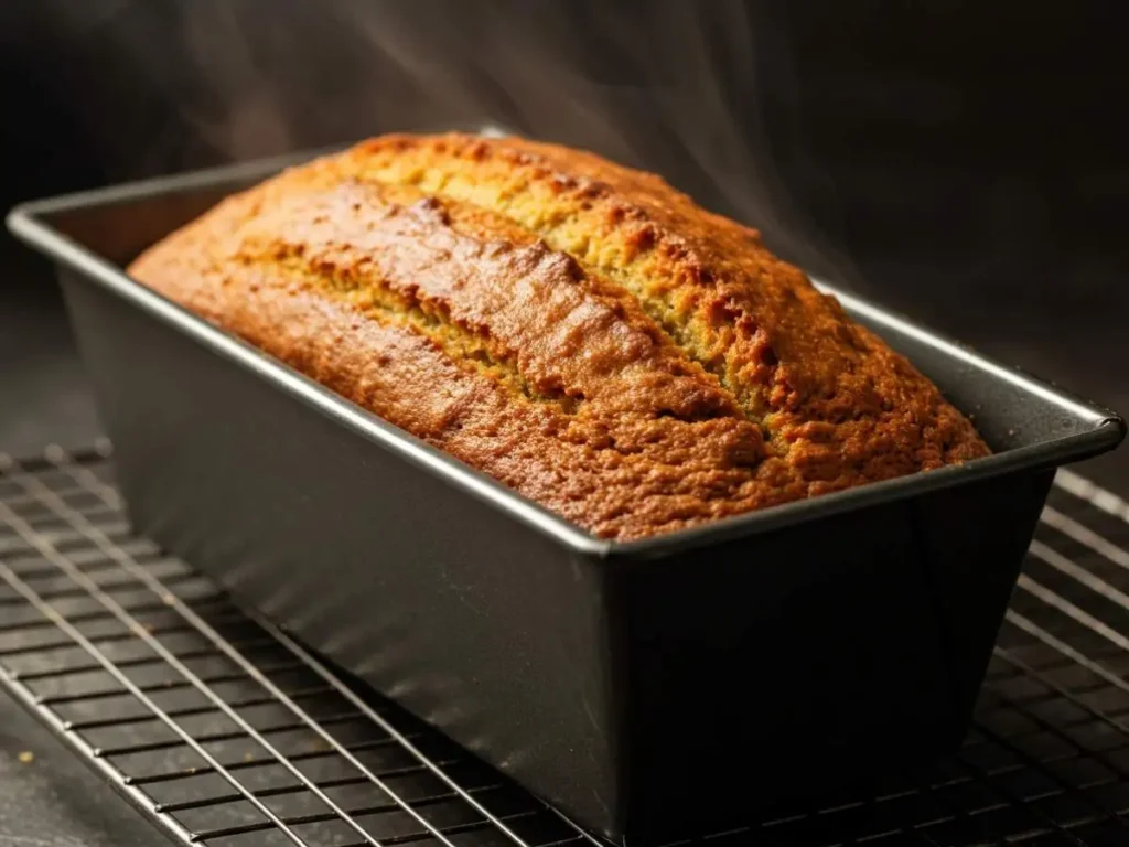 Pan de zanahoria recién salido del horno, dorado y perfecto, enfriándose sobre una rejilla.