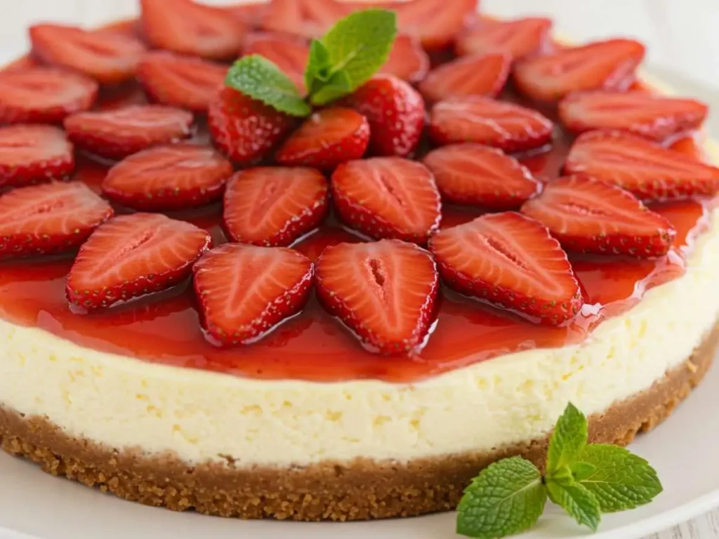 Pay de queso con fresas frescas en almíbar