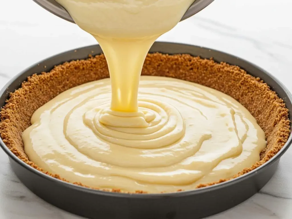 Relleno cremoso de plátano siendo vertido sobre base de galletas en molde