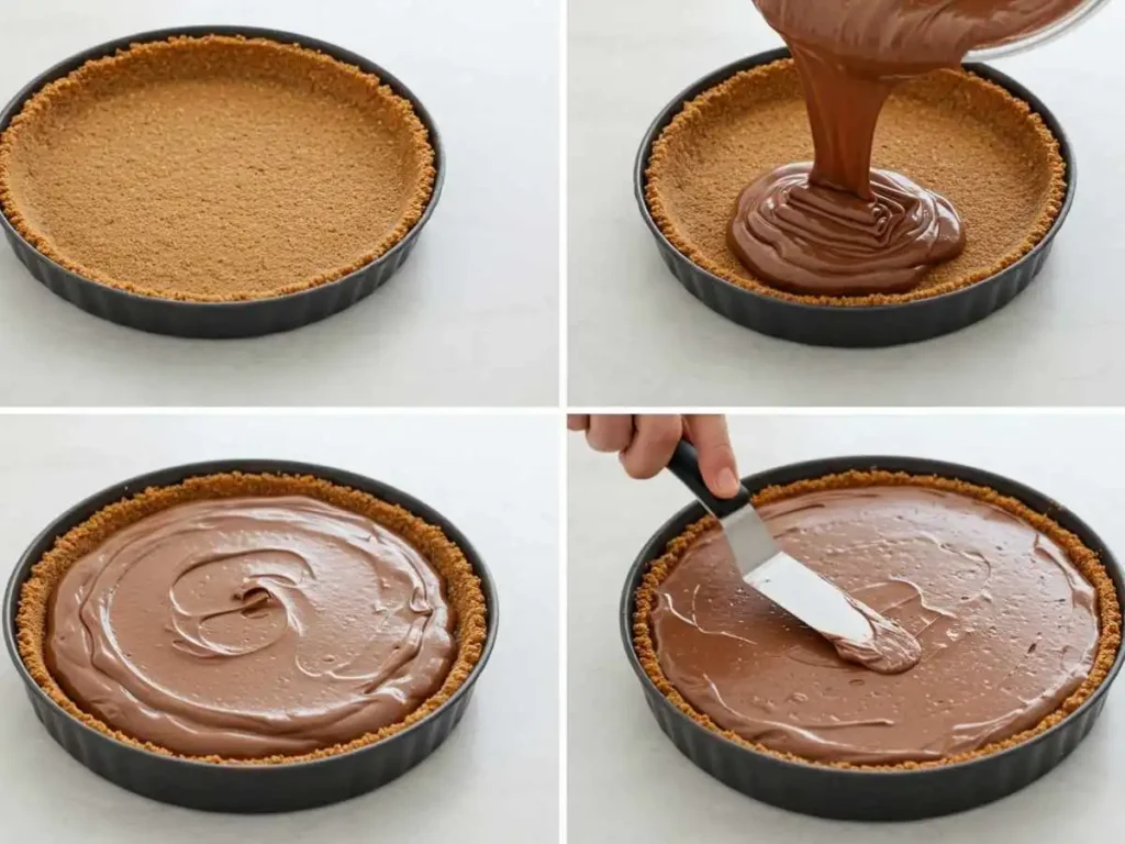 Vertiendo relleno cremoso de chocolate sobre base de galletas en molde desmontable