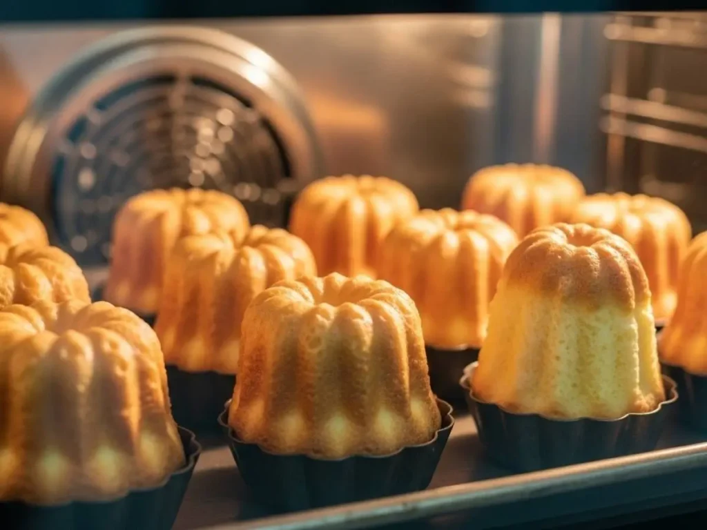 Cubiletes de pan horneándose en horno con puerta de vidrio mostrando dorado perfecto