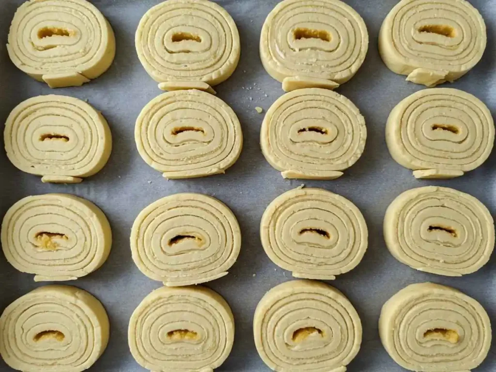 Orejas de pan crudas cortadas, dispuestas en bandeja para hornear con papel pergamino.
