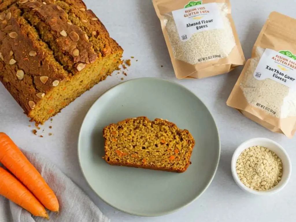 Rebanada de pan de zanahoria sin gluten junto a los ingredientes alternativos como harina de almendras.