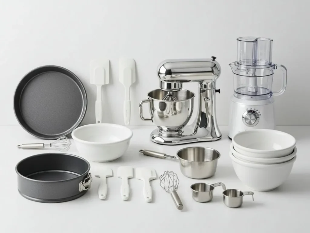 Utensilios de cocina para pay de chocolate - molde, batidora, procesador y espátulas